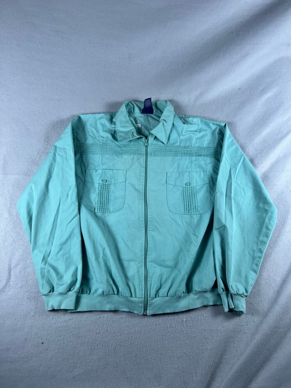 John Blair Jacket Mens L Teal Pintuck Full Zip Lightweight Guayabera Style Retro